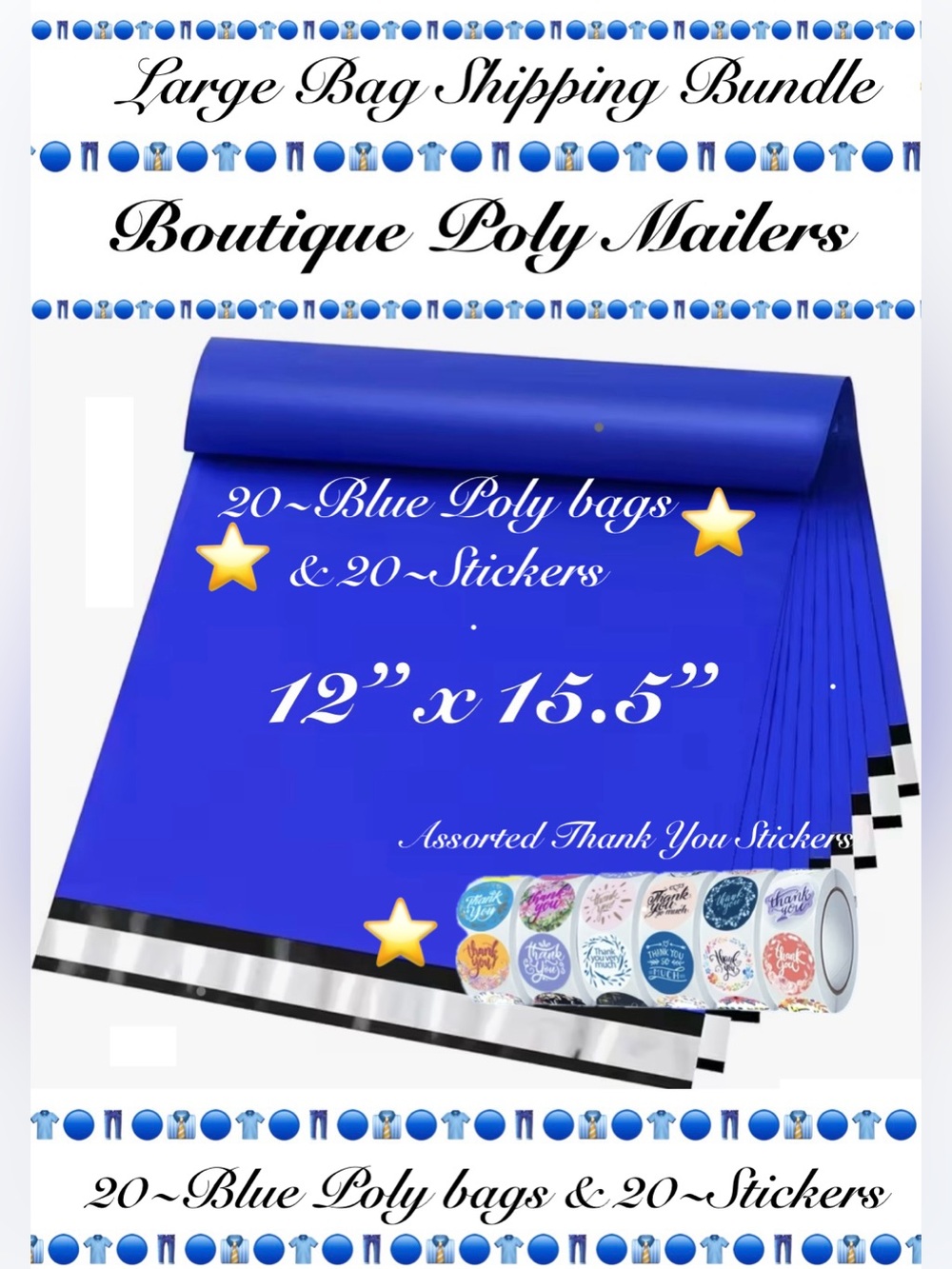 50pcs Shipping Package ⭐️25-Blue 12”x15.5” Poly Mailers⭐️25-TY Stickers⭐️🆕⭐️